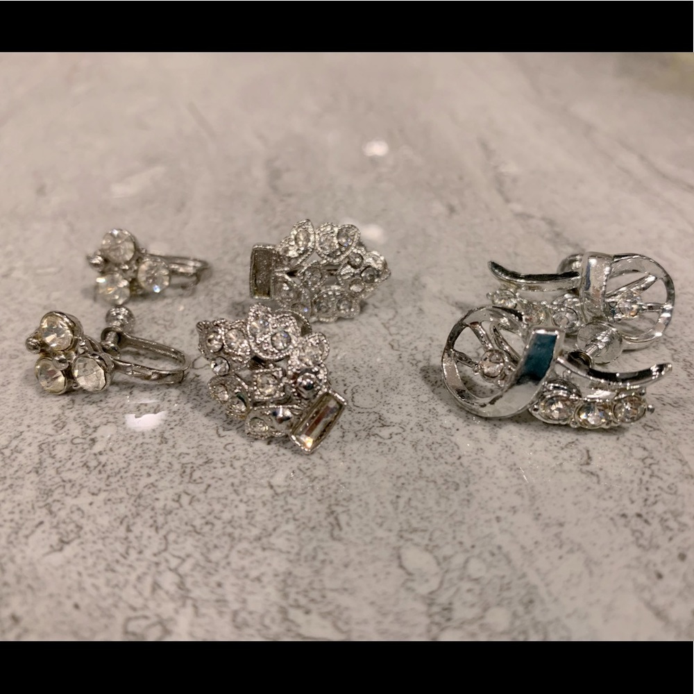 Sparkly silver & rhinestone clip-on earrings - lot of 3 pairs